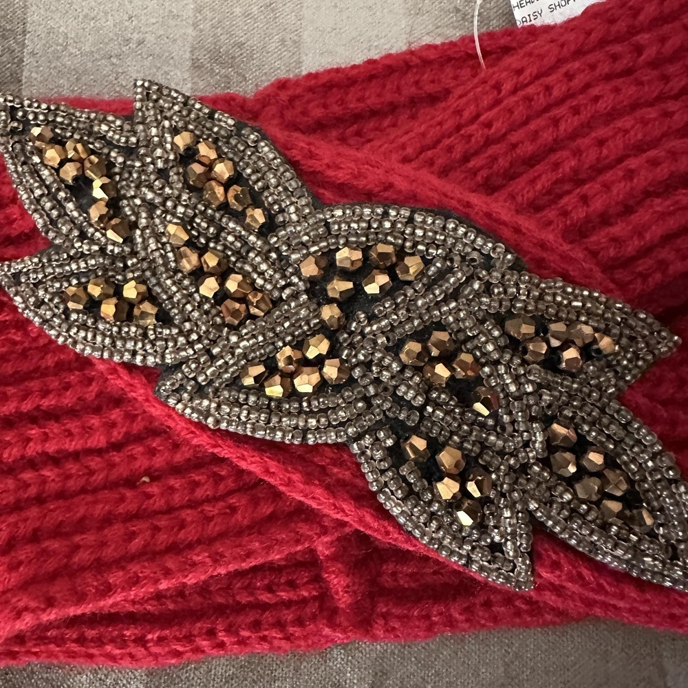 Daisy Shoppe Y2K Headband One Size Red Knit Beaded Applique Winter Ear Warmer